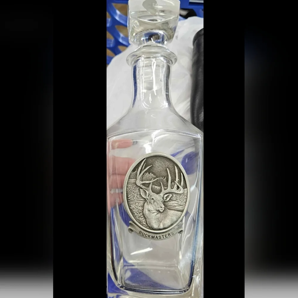 Buckmaster Pewter Whitetail Deer Heritage Metalworks Crystal Glass Vtg Decanter